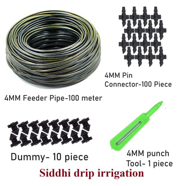 Drip Irrigation 4MM Feederline Pipe (100 Meter) with 4mm Pin Connector(100) p, Dummy hole (10) p, 4mm Punch tool 1